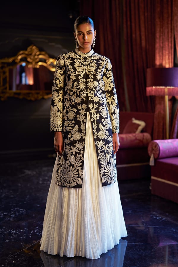 Black and Gold Gota Jacket with Ivory Maxi Skirt Co-ord Set — Dash and Dot