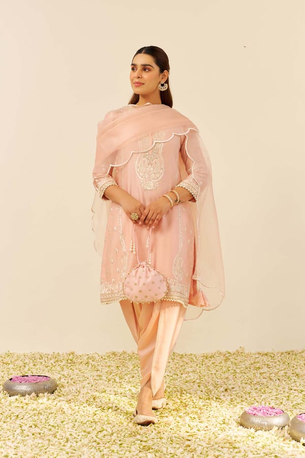 Off Rose Embroidered Kurta Set with Dhoti — Sheetal Batra