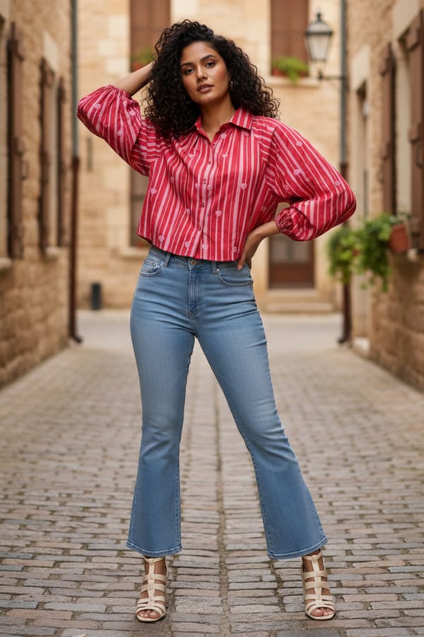Red Striped Cotton Poplin Shirt with Heart Motif — BOHO-CHIC
