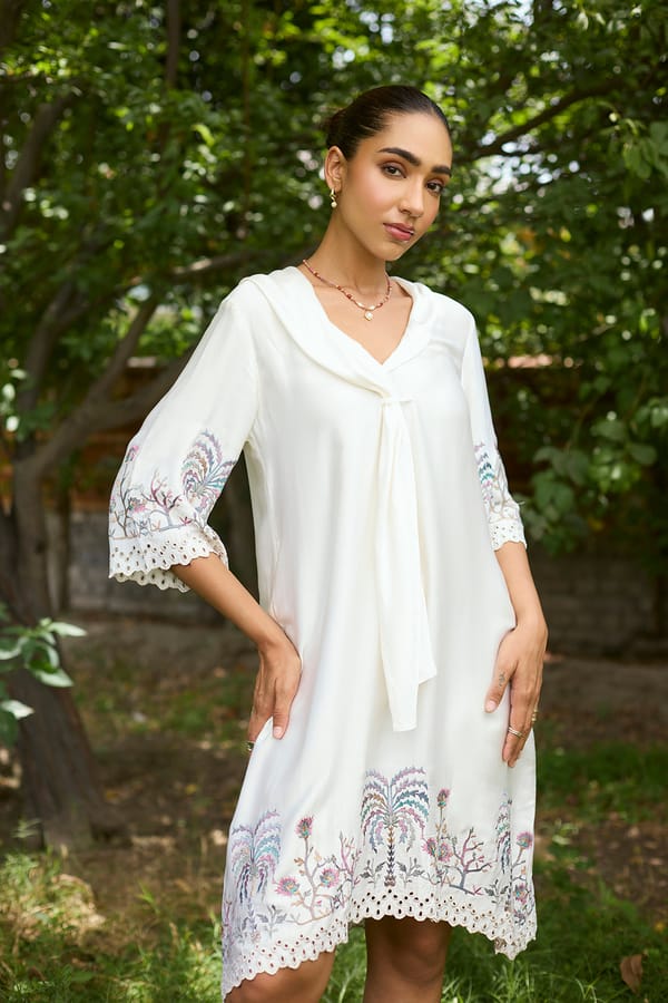 Cream Italian Cotton Knee-Length Dress with Embroidery — INCHING INDIA
