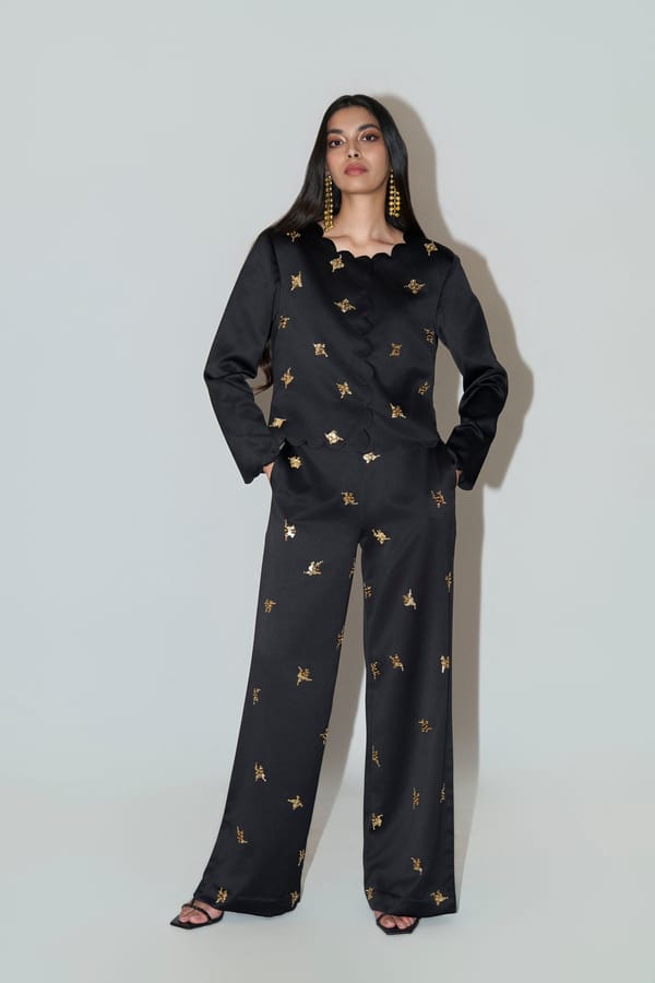 Black Satin Embellished Co-ord Set with Wide-Leg Pants — The Real B