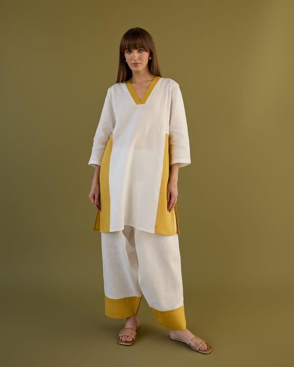 White and Ochre Linen Tunic and Farshi Pants Co-ord Set — AUR
