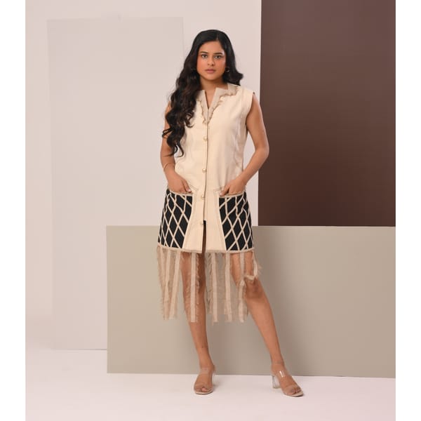 Beige and Black Fringe Hem Jacket Dress — Veera Wear