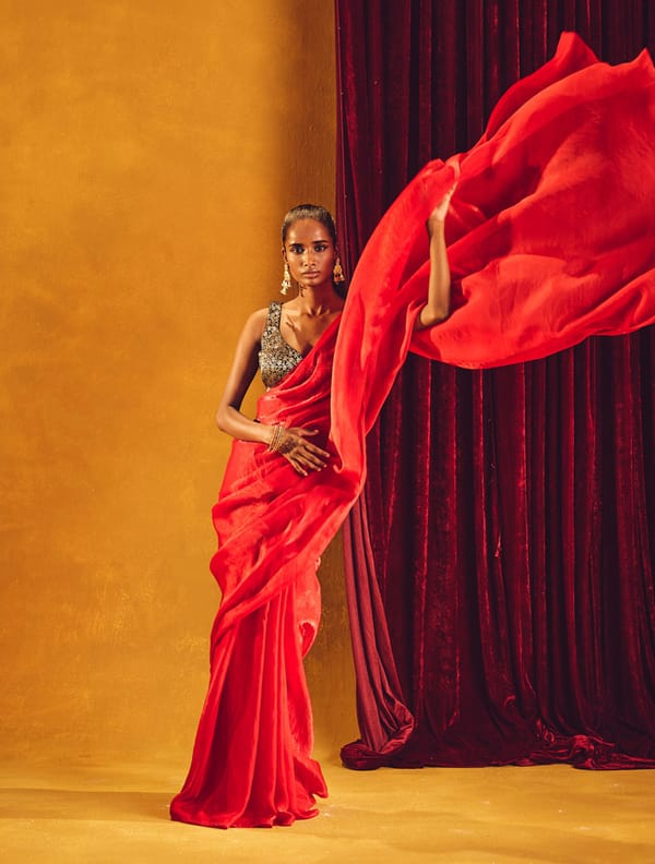 Red Tissue Saree with Unstitched Blouse Piece — Truebrowns