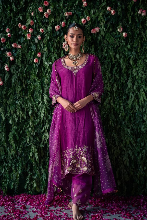 Mauve Crushed Silk Embroidered Kurta Set with Dupatta — Pooja Singhal