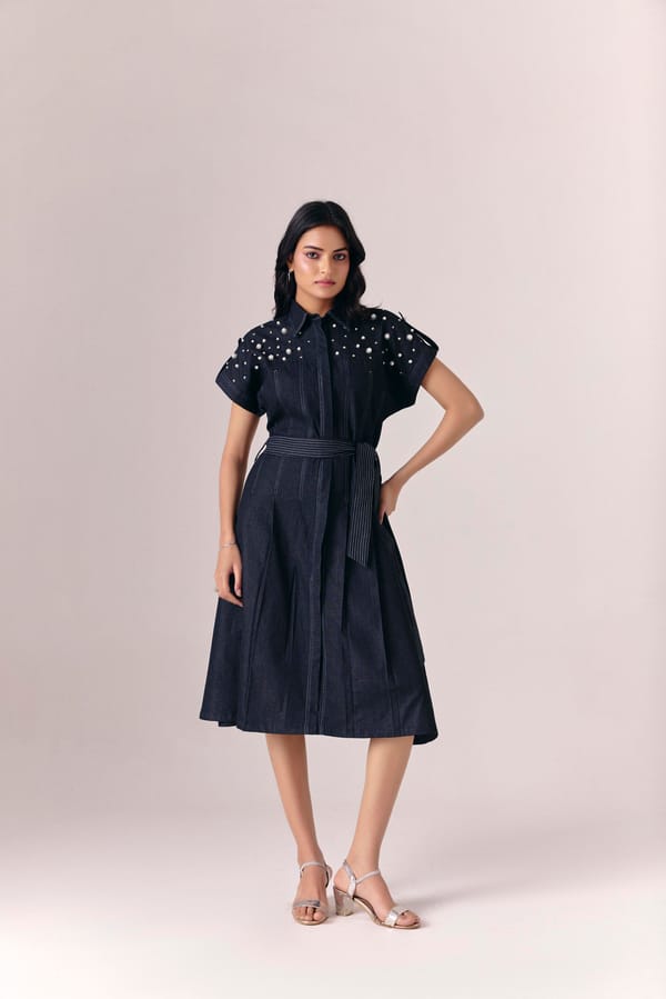 Black Denim Fit and Flare Midi Dress with Pearl Detail — Savaaya