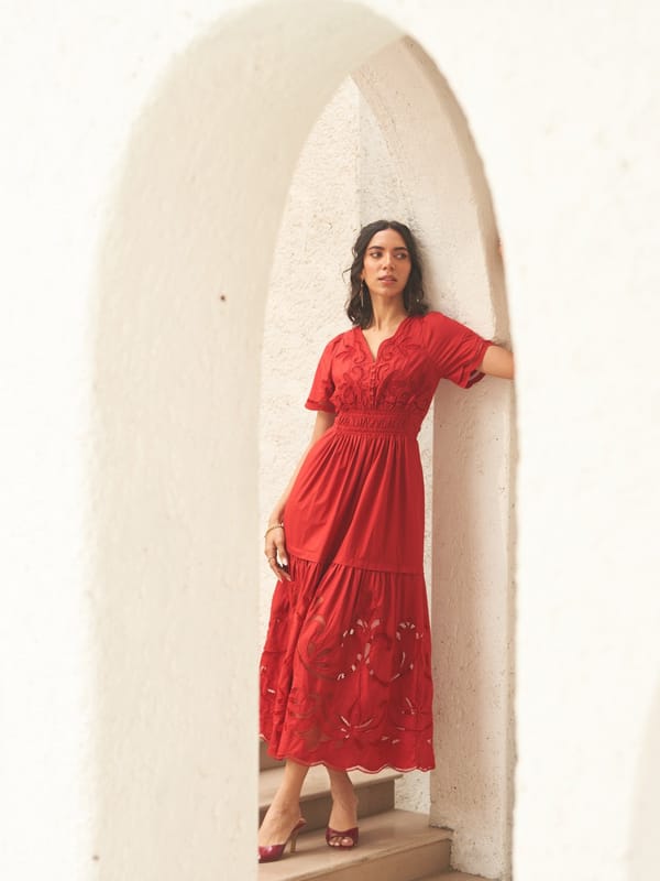 Red Cutwork Tiered Maxi Dress with Smocked Waist — Style Island