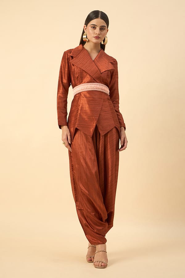 Blazer Pant Set With Embroidered Belt — Aakaar