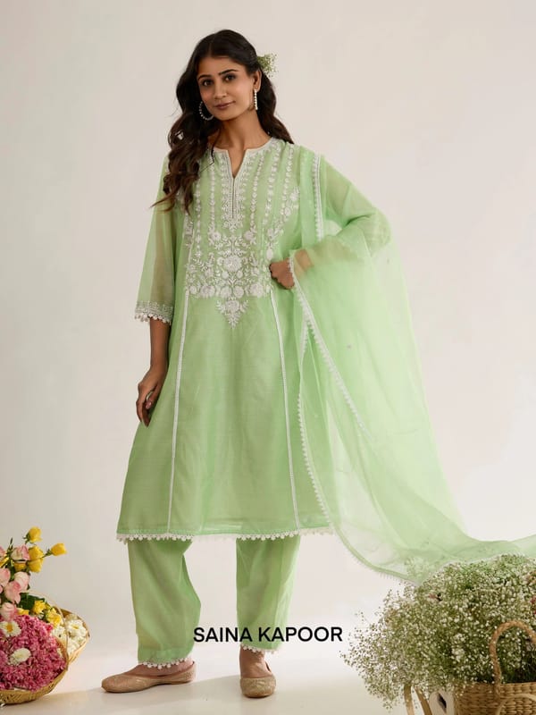 Mint Green Chanderi Short Kurta Salwar Suit with Aari Work — SAINA KAPOOR