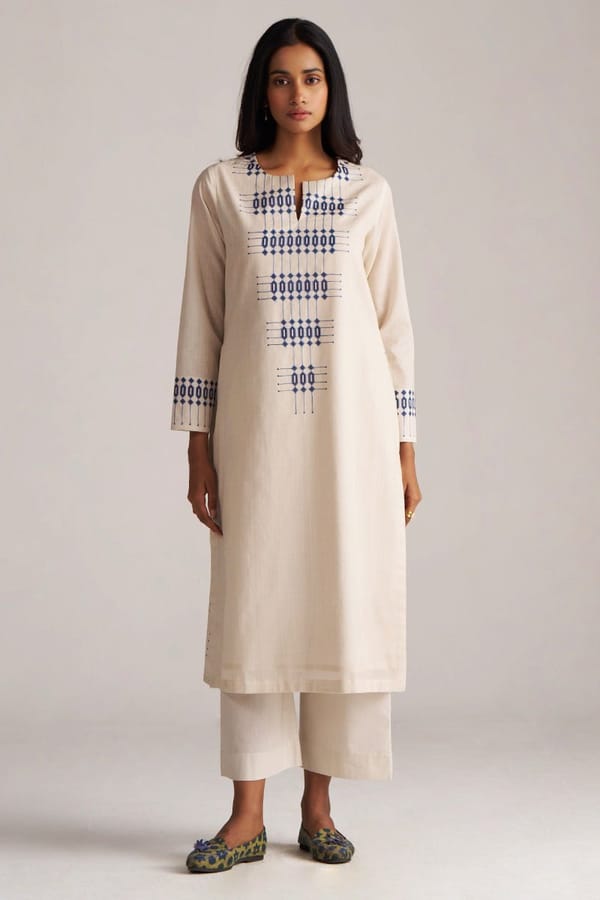 Beige and Blue Geometric Print Kurta Pant Co-ord Set — Ganga Fashions Pvt Ltd
