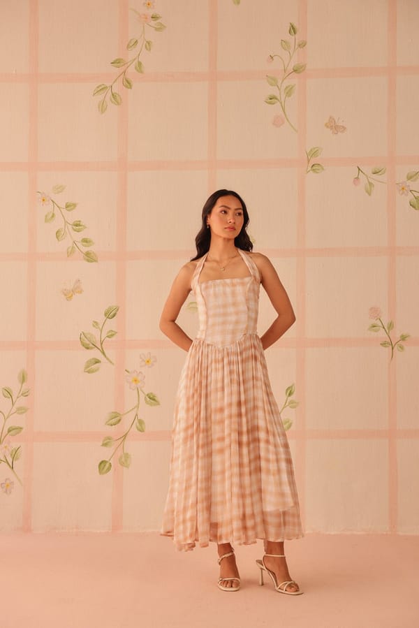 Peach and White Checked Halter Maxi Dress — Sage by Mala