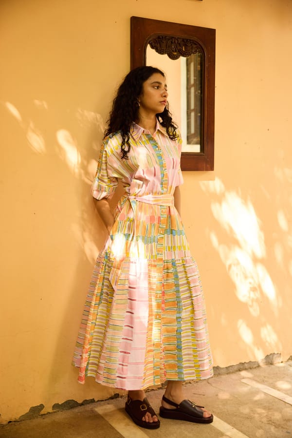 Multicolor Pastel Striped Maxi Shirt Dress with Belt — HAPPI SPACE