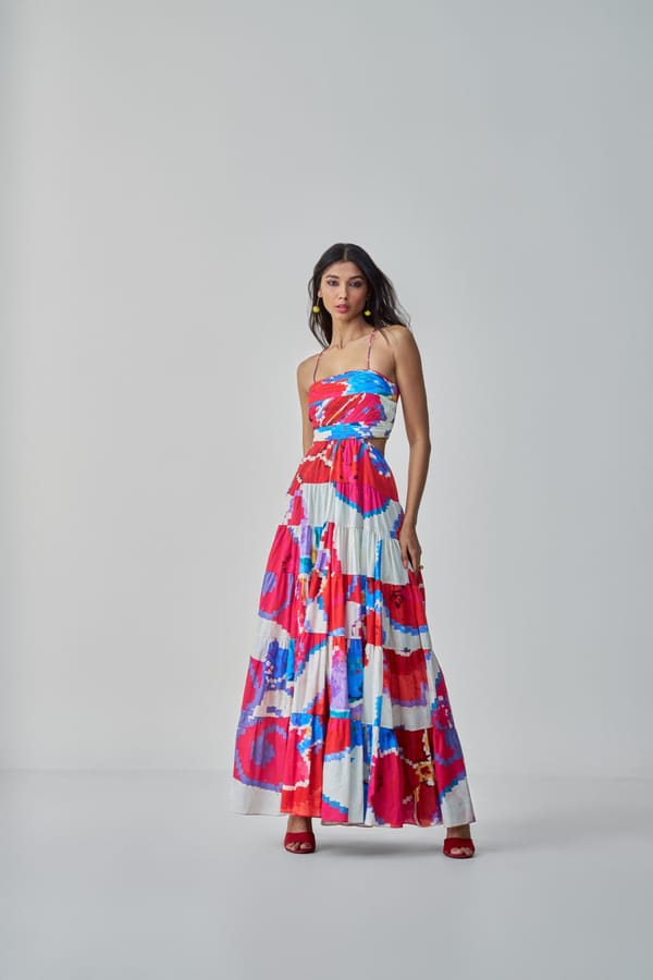 Pink/Red Ikat-Inspired Tiered Maxi Dress with Cut-Outs — Saaksha and Kinni