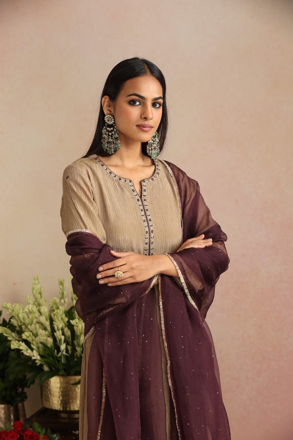 Golden Crushed Tissue Embroidered Kurta Set — Trendy Tokari