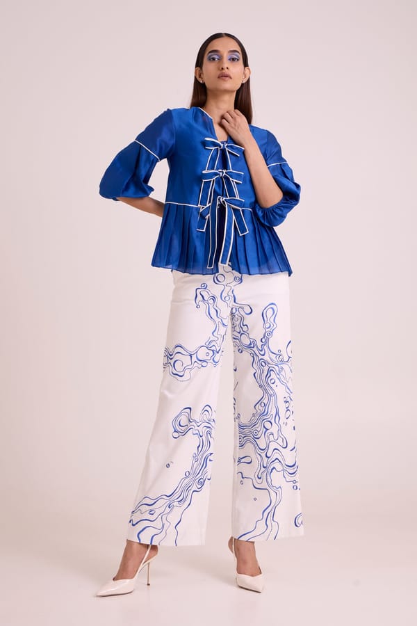 Electric Blue Tie-Up Top & Printed Wide-Leg Co-ord Set — Madder Much