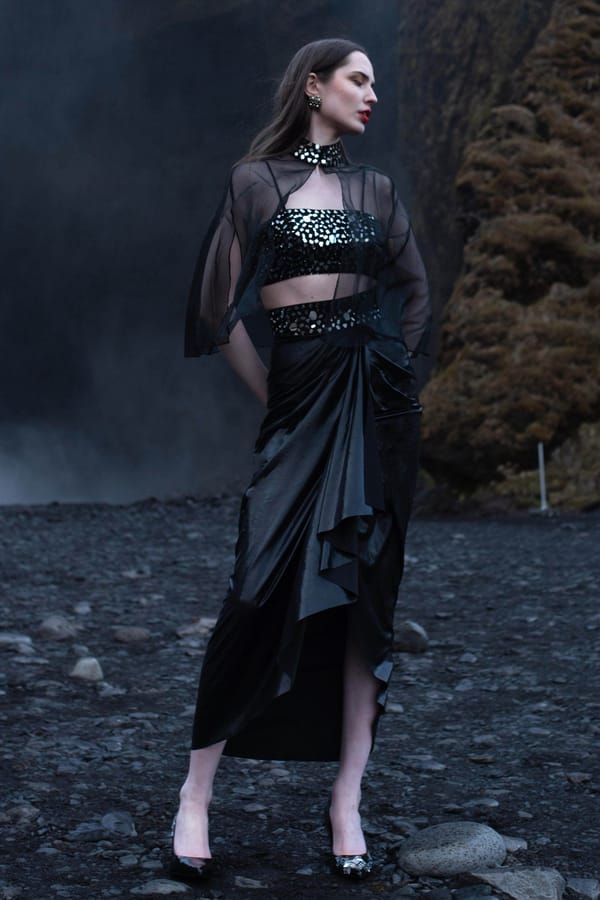 Black Mirrorwork Cape, Bralette and Draped Skirt Co-ord — Dash and Dot