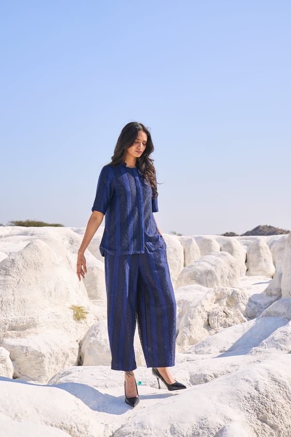 Navy Blue Striped Lace Wide-Leg Trousers — Dash and Dot