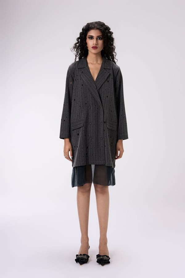 Charcoal Pinstripe Cut-Out Blazer Midi Dress — KOR
