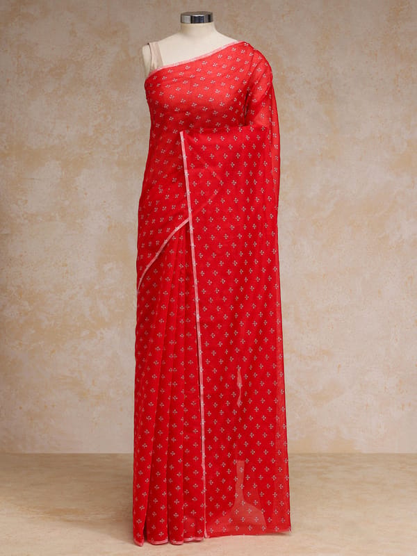 Poppy Orange Red Cotton Saree White Butti Rozaana — BINKS