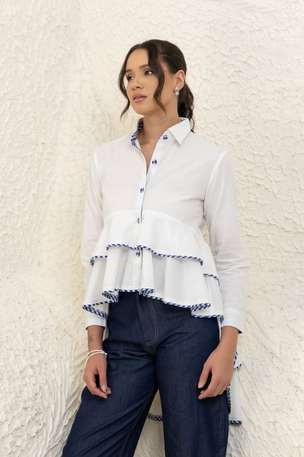 White Hi-Low Tiered Cotton Shirt with Blue Gingham Trim — Rhe-Ana