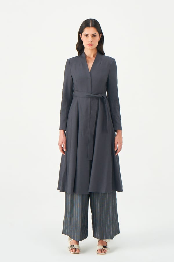 Charcoal Grey Longline Belted Pleated Jacket — NOTEBOOK
