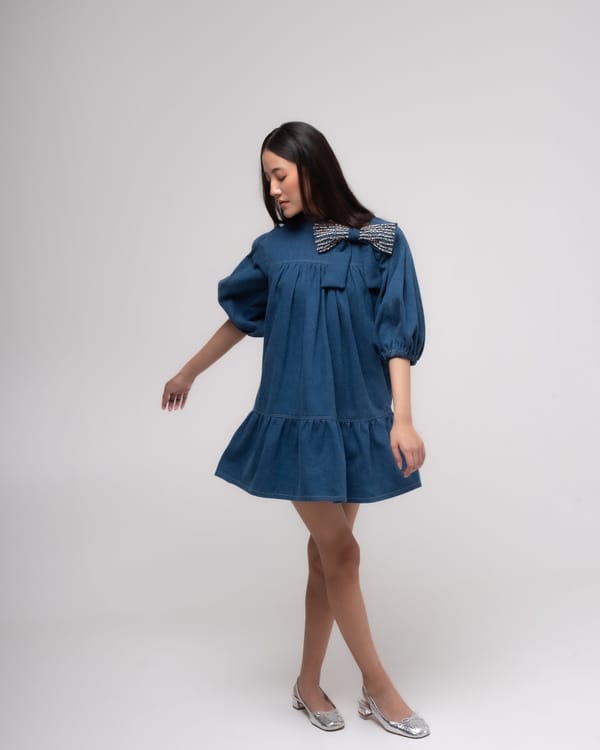 Medium Blue Denim Smock Mini Dress with Embellished Bow — MAGIA