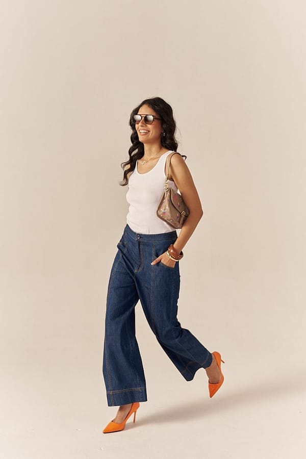 Blue Mid-Rise Flared Denim Trousers with Contrast Stitching — Spacelines