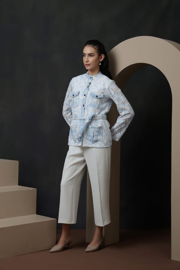 Light Blue Tie-Dye Denim Lace Sequin Belted Shacket — Rhe-Ana