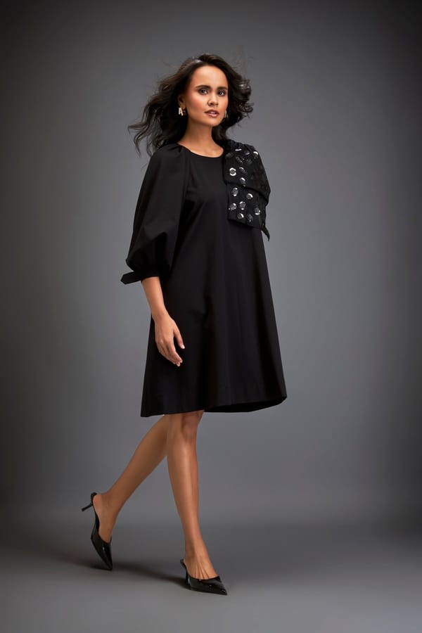 Dress With Voluminous Sleeves And Glossy Metallic Shoulder Embellishments — Deepika Arora