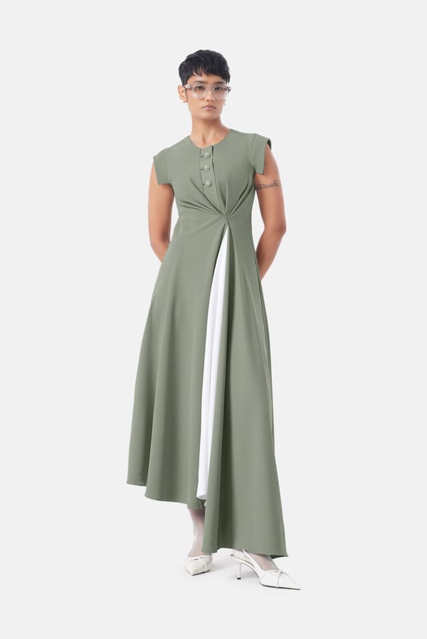 Basil Green Maxi Dress with White Center Insert and Button Placket — NOTEBOOK
