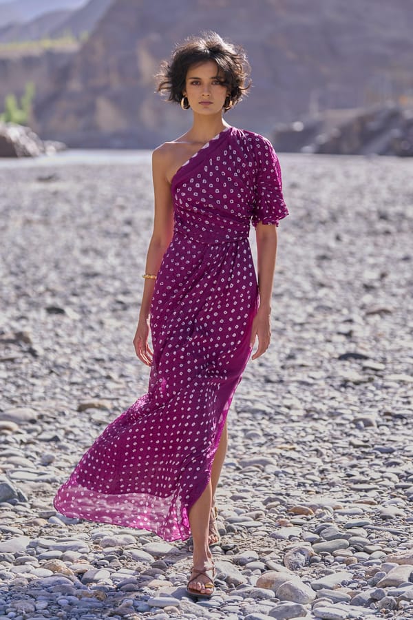 Aubergine One-Shoulder Bandhani Maxi Dress with Slit — Dash and Dot