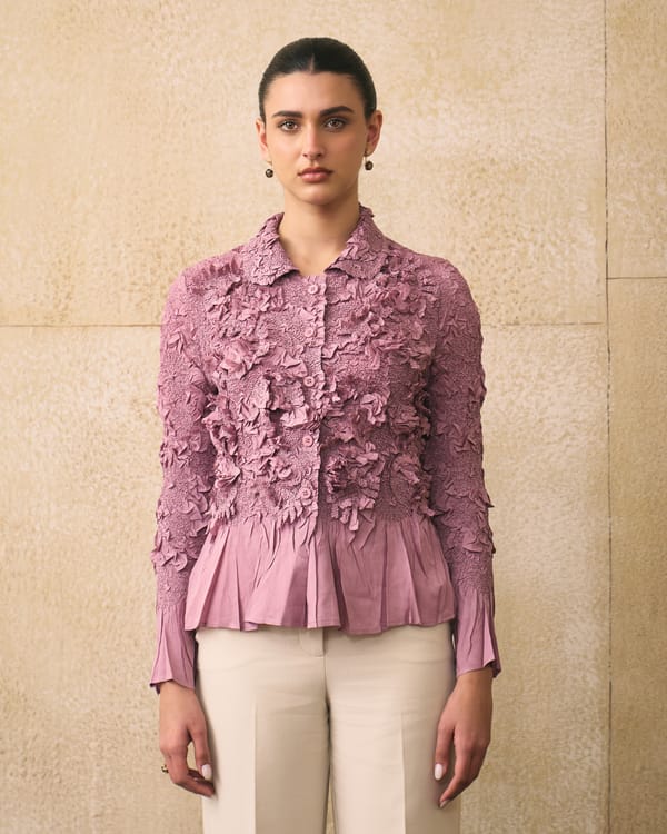 Pink 3D Floral Applique Peplum Shirt Top — Pleats by Aruni