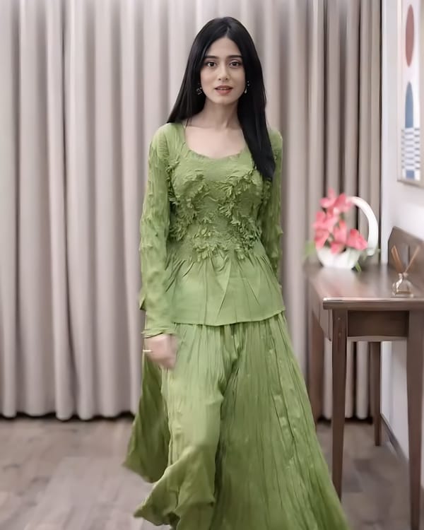 Lime Green Textured Top and Pleated Midi Skirt Co-ord Set — Pleats by Aruni