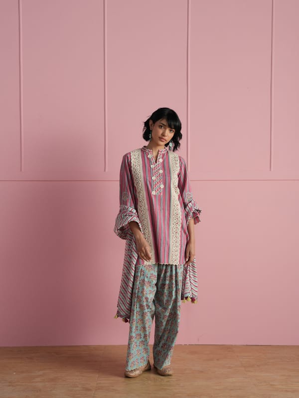 STRIPED KURTA WITH LAVENDER FLORA PRINT SALWAR AND DUPATTA — TASHA INDIA