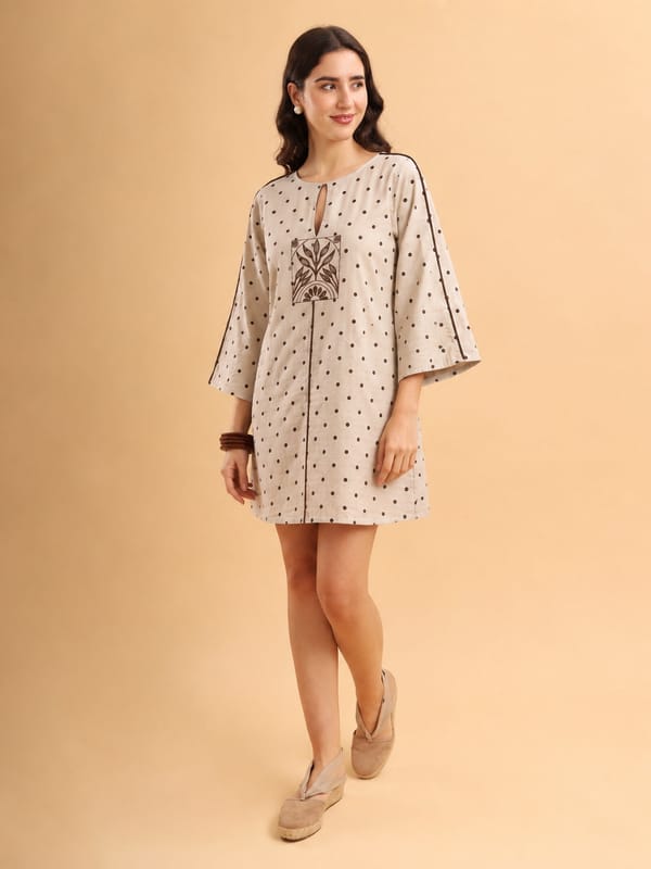 Beige Polka Dot Mini Shift Dress with Keyhole Neck — ANISETTE