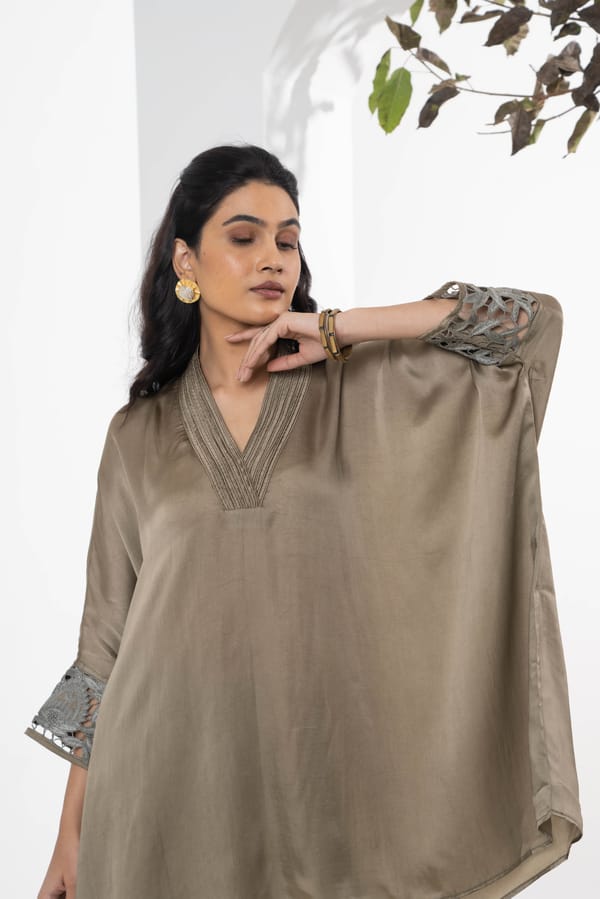 Dull Green Bemberg Satin Co-ord Set with Kaftan Top — NEETIKA CHOPRA