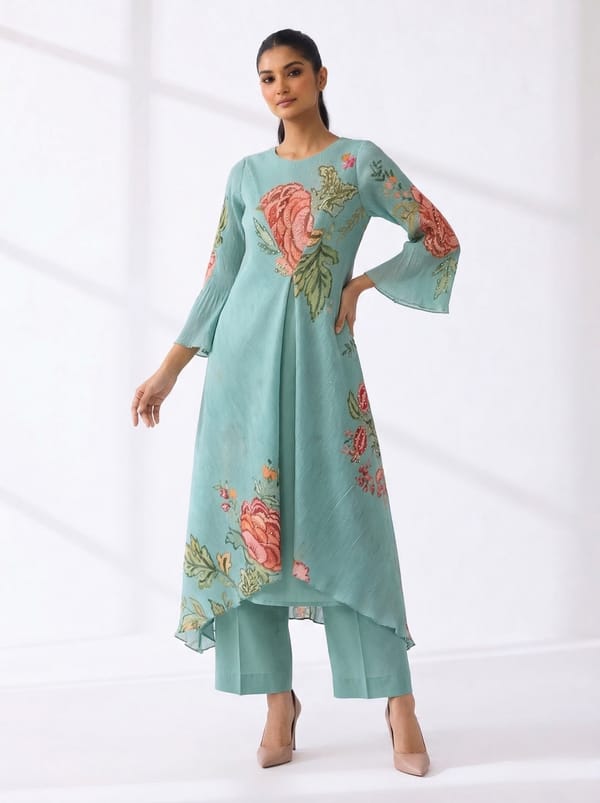 Green Floral Layered A-Line Midi Dress — PREETI MEHTA