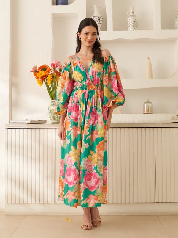 Green Floral Off-Shoulder Fit and Flare Midi Dress — Houseofsoi