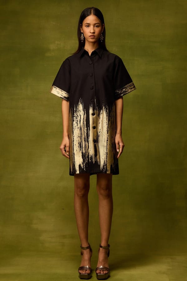 Black Denim Mini Shirt Dress with Gold Foil Detail — Pocketful Of Cherrie