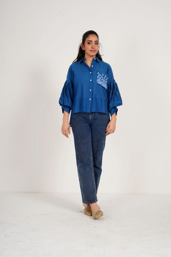 Blue Balloon Sleeves Face Embroidery Shirt — Western Era