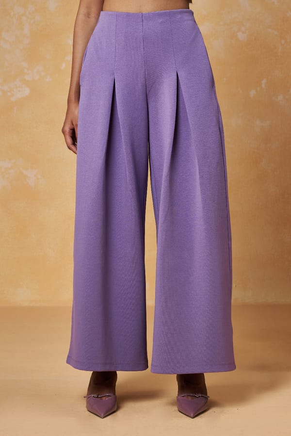 Lavender Interlock Wide-Leg Pleated Trousers — Muvazo