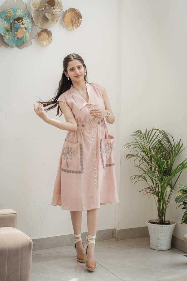 Peach Roman Silk A-Line Midi Shirt Dress with Embroidered Pockets — An'era by Asmita Verma