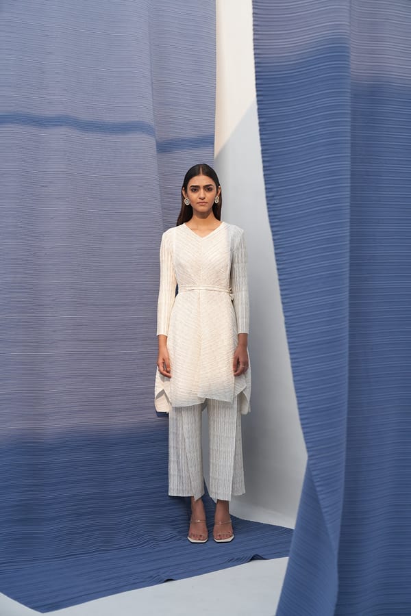Off-White Pleated Tunic and Wide-Leg Pants Co-ord Set — Pleats by Aruni