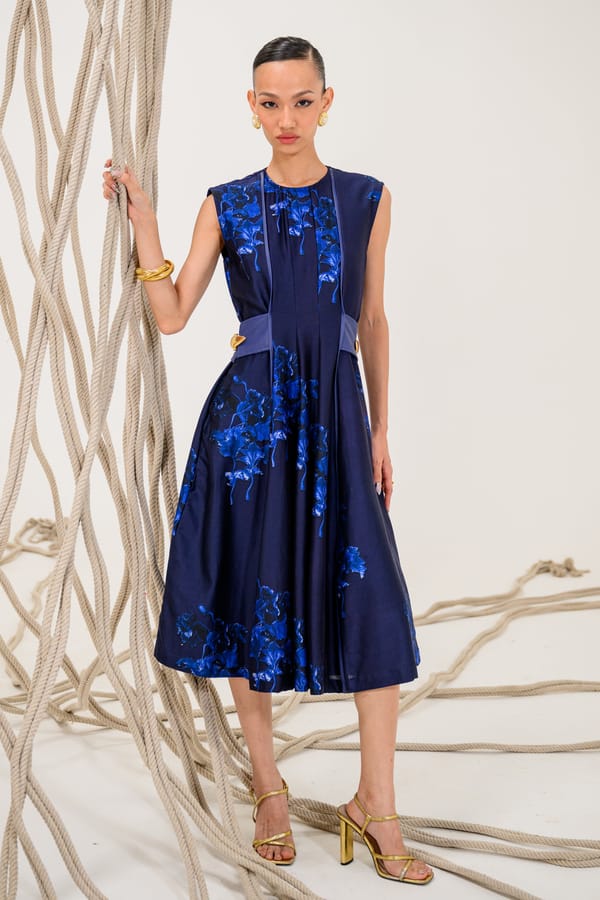 Navy Blue Floral Silk Midi Fit and Flare Dress — The Dramebaaz Company
