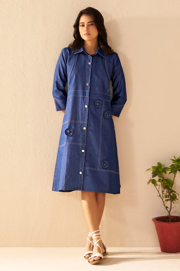 Blue Midi Shirt Dress with Contrast Stitching — Savaaya