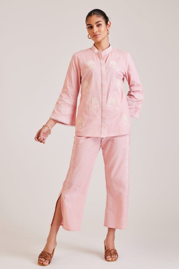 Rose Linen Embroidered Co-ord Set with Trousers — BOHO-CHIC
