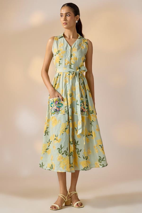 Pastel Floral Hemp Midi Shirt Dress with Tie Belt — EWOKE STUDIO