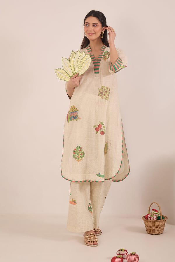 Cream Cotton Printed V-Neck Kurta and Pants Co-ord Set — SHIVANI BHARGAVA