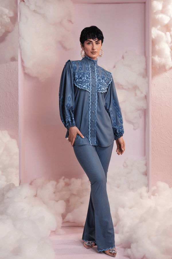 Denim Embroidered Shirt and Flared Pants Co-ord Set — Simar Tuli
