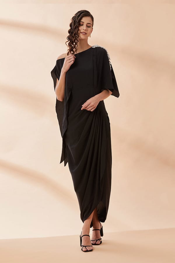 Black One-Shoulder Drape Maxi Dress with Pearl Detail — Aakaar